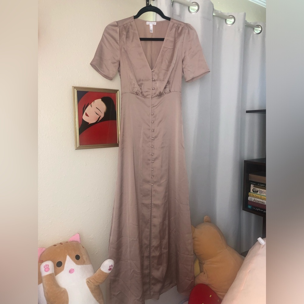 Leith Pink Satin Flutter Sleeve V-Neck Gown